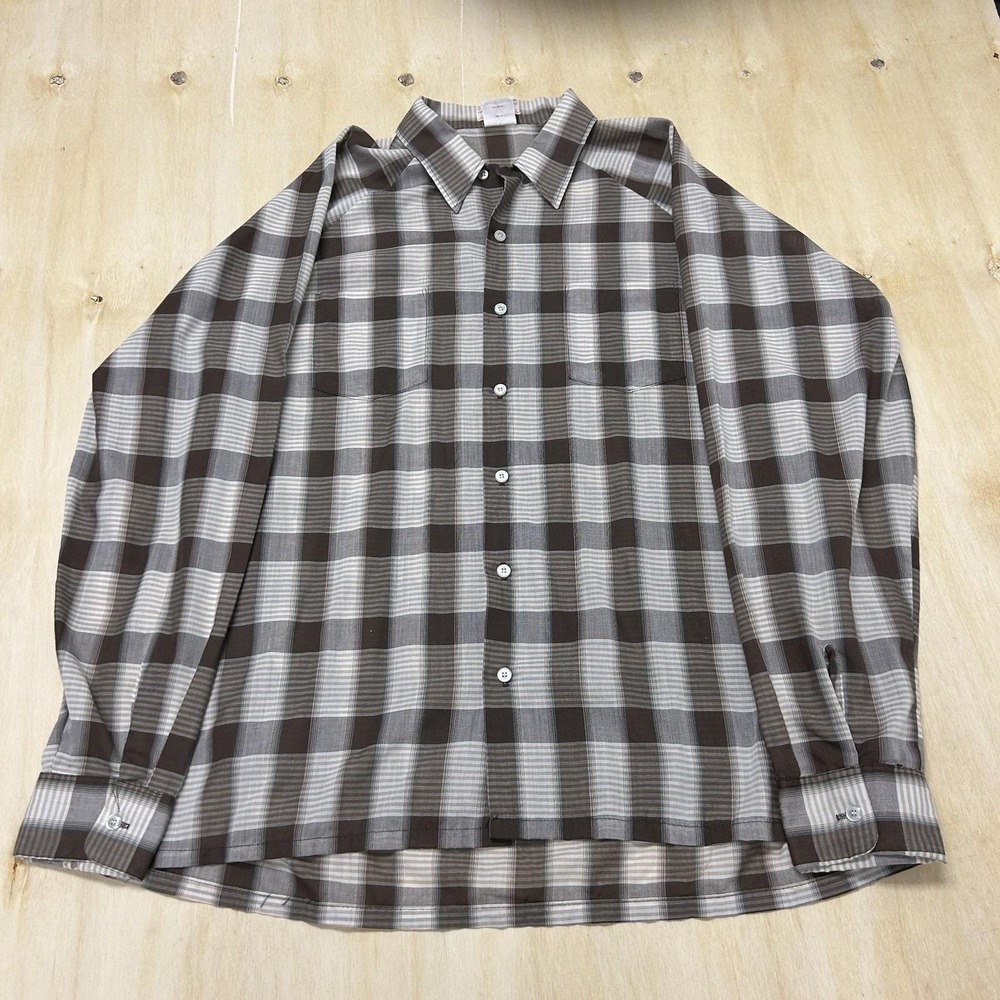 Vintage Sovereign Shirt Mens Big 1X Brown Plaid Long Sleeve Button Up USA